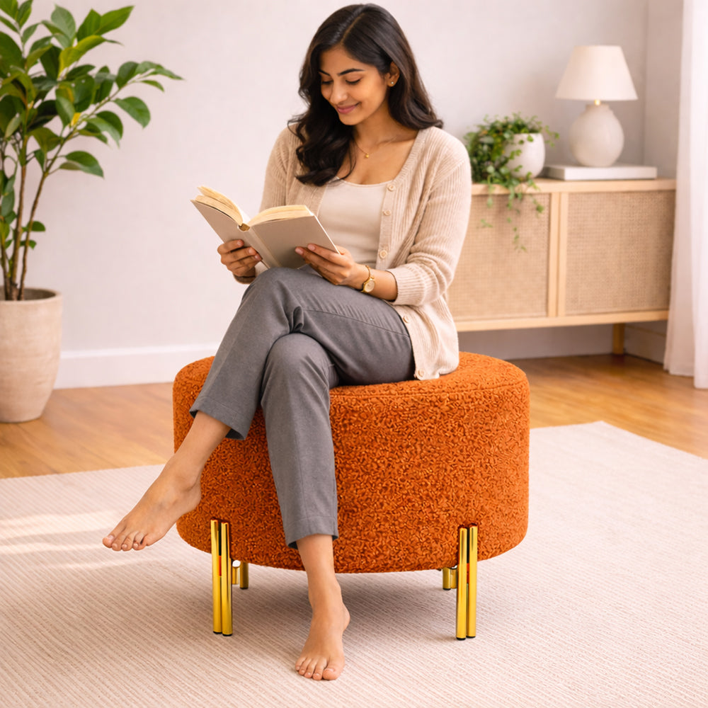 Premium Bouclé Orange Ottoman - Gold Legs