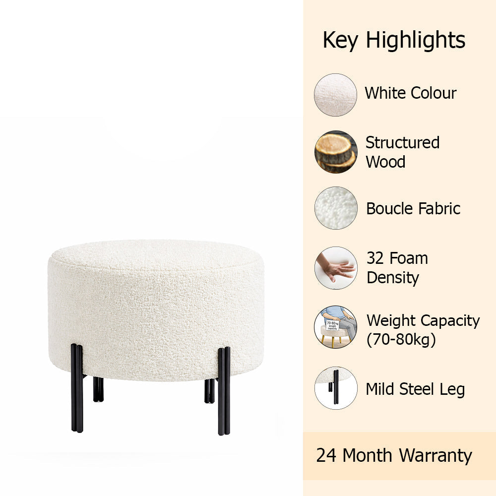 Premium Bouclé White Ottoman - Black Legs