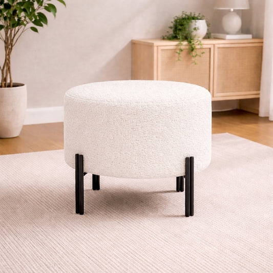 Premium Bouclé White Ottoman - Black Legs