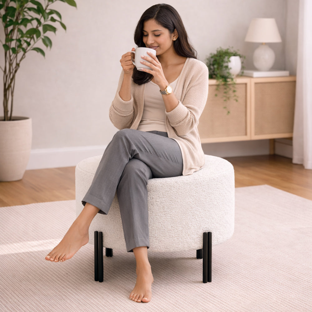 Premium Bouclé White Ottoman - Black Legs