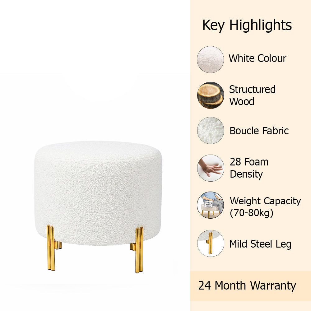 Premium Bouclé White Ottoman - Gold Legs