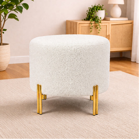 Premium Bouclé White Ottoman - Gold Legs