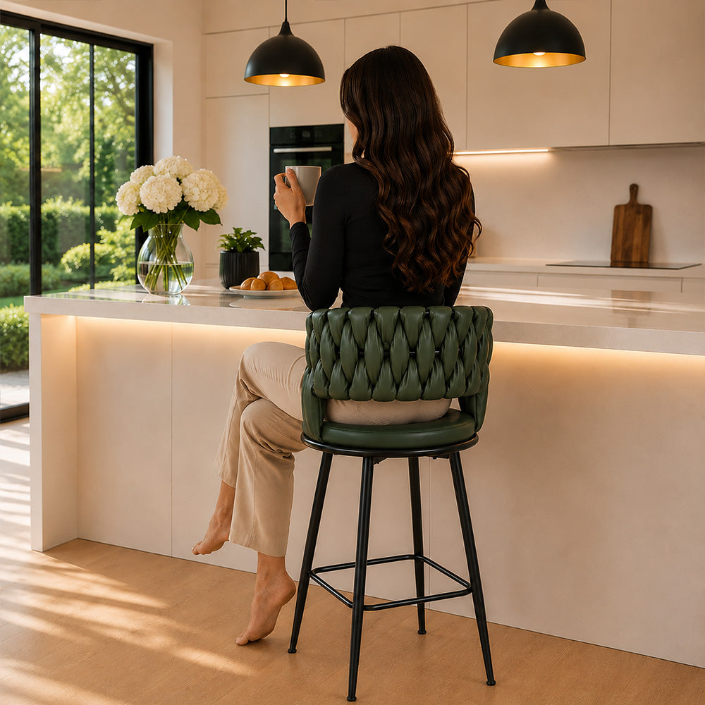 Presley Green Braided Faux Leather Bar Stool