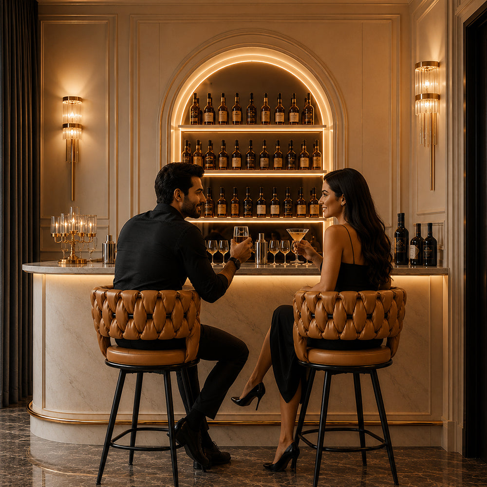 Presley Tan Braided Faux Leather Bar Stool