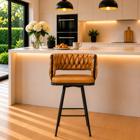 Presley Tan Braided Faux Leather Bar Stool