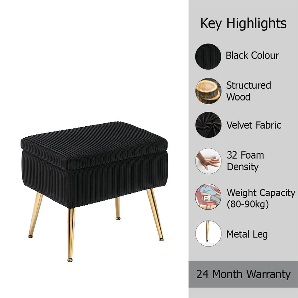 Ribbed Black Ottoman - Gold Legs