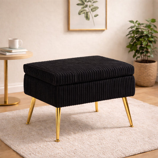 Ribbed Black Ottoman - Gold Legs