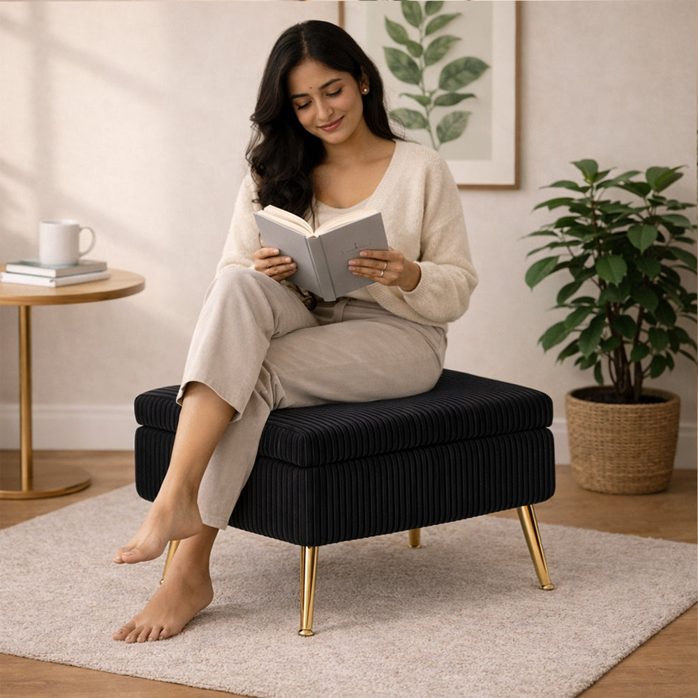 Ribbed Black Ottoman - Gold Legs