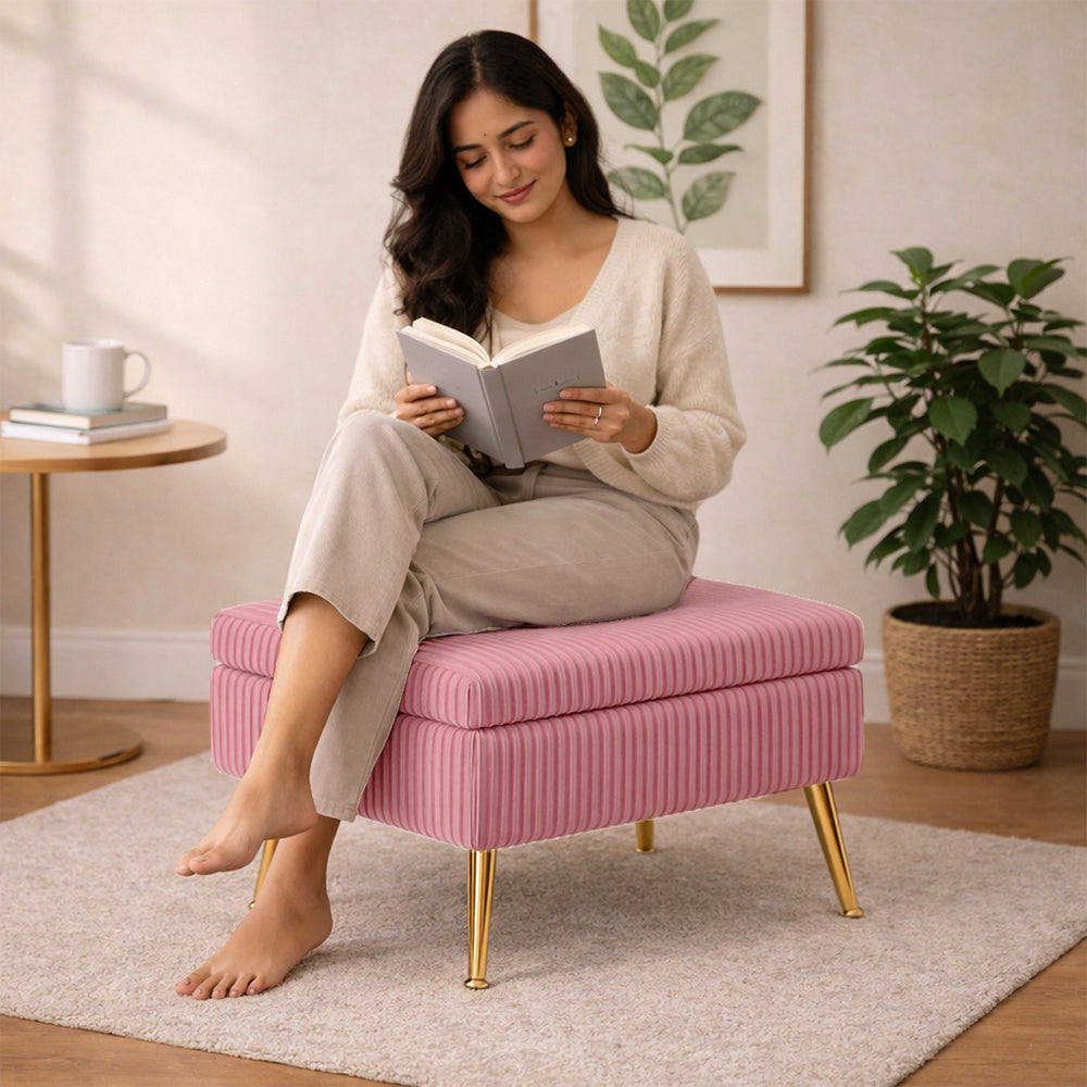 Ribbed Dusty Pink Ottoman - Gold Legs