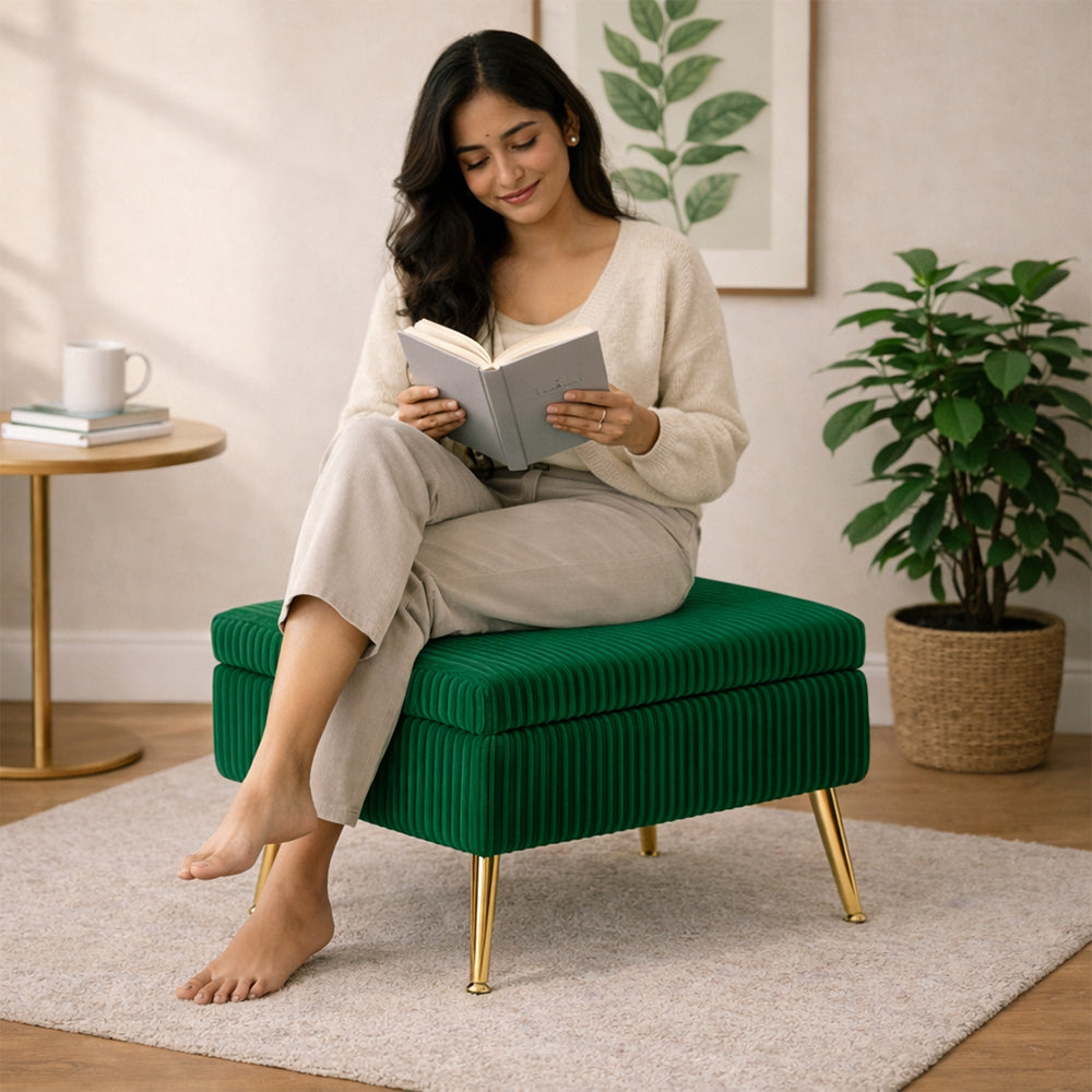 Ribbed Green Ottoman - Gold Legs