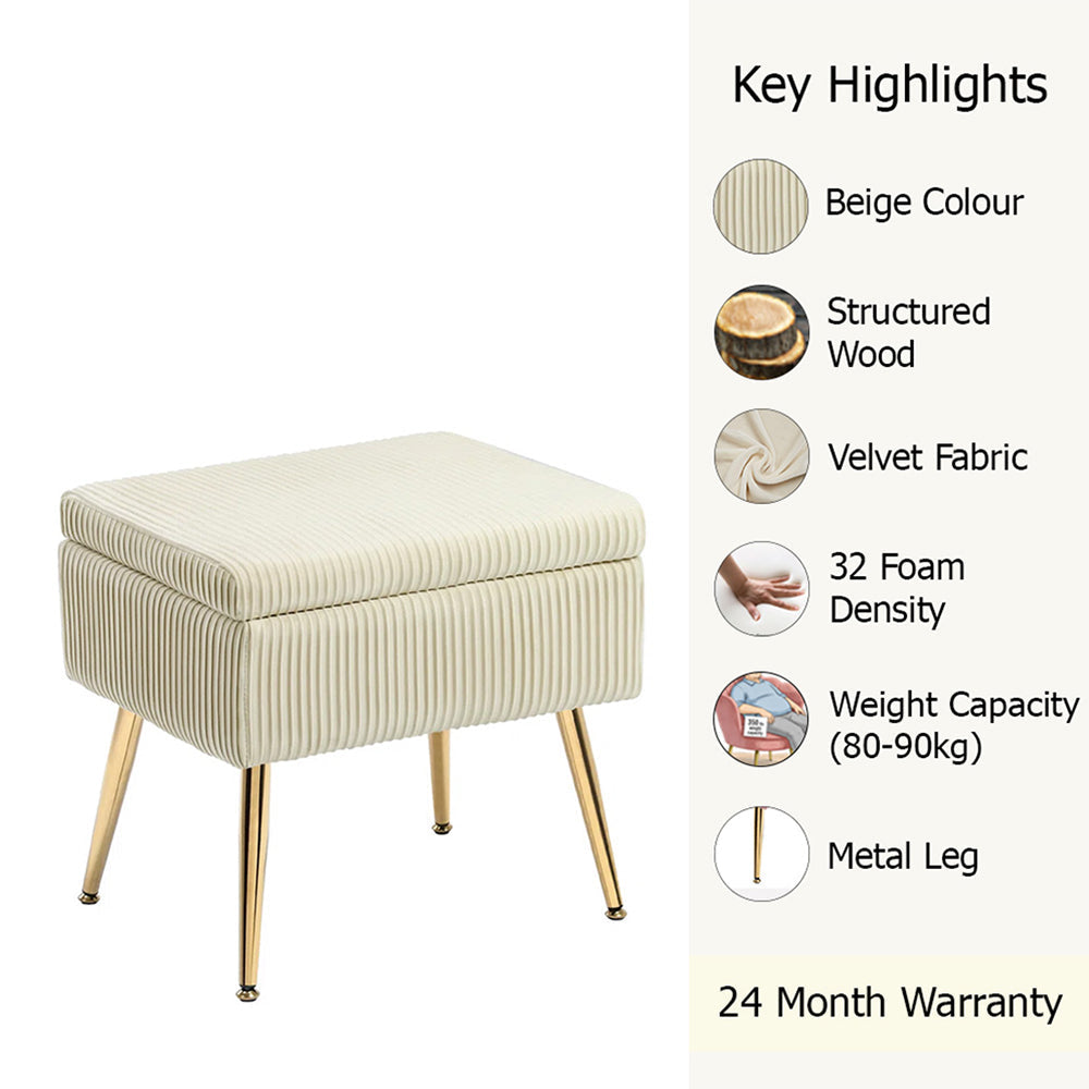 Ribbed Off White Ottoman - Gold Legs