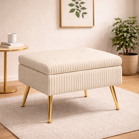Ribbed Off White Ottoman - Gold Legs