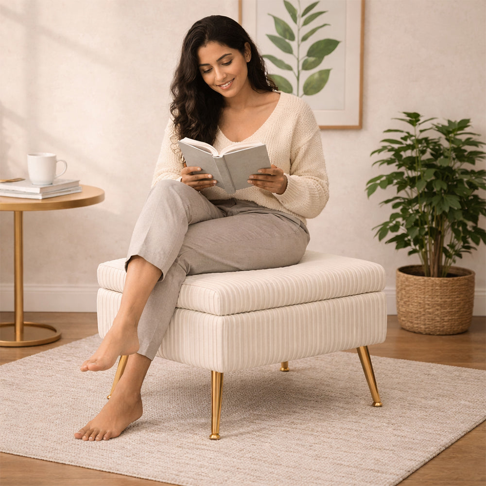 Ribbed Off White Ottoman - Gold Legs