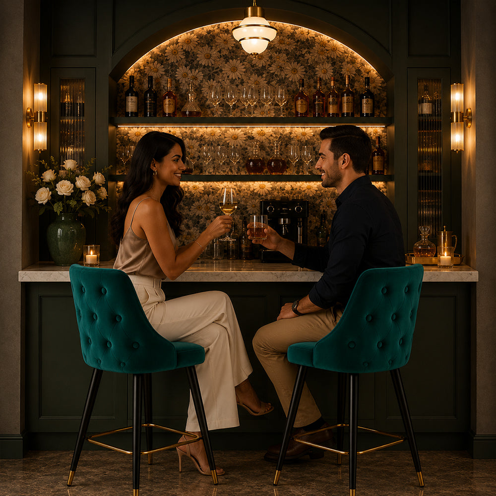 Teal Upholstered Bar Stool with Gold Accents