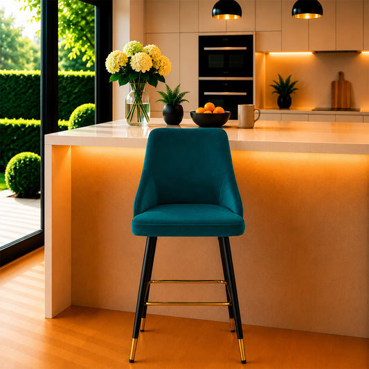 Teal Upholstered Bar Stool with Gold Accents