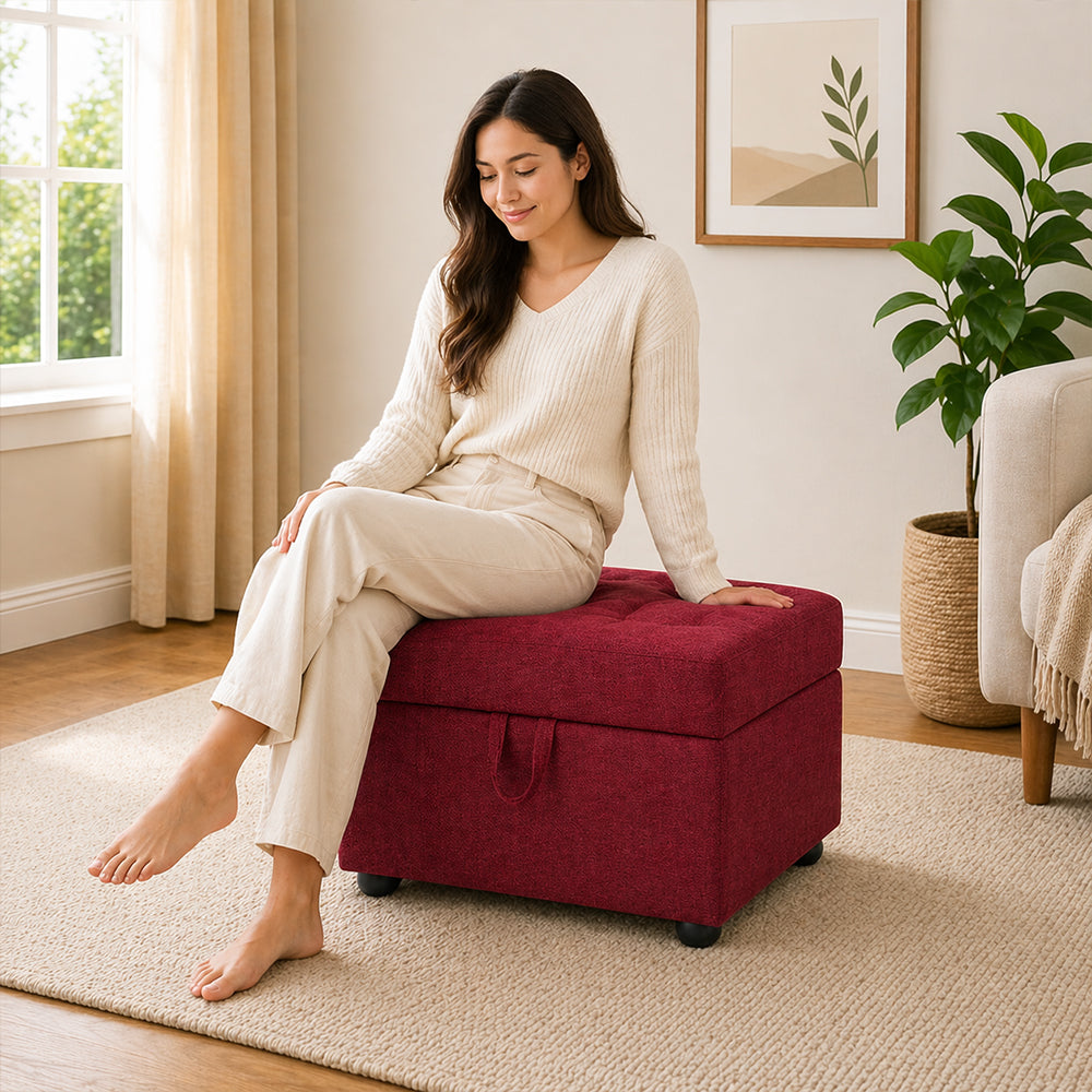 Tufted Storage Square Ottoman Bench Maroon