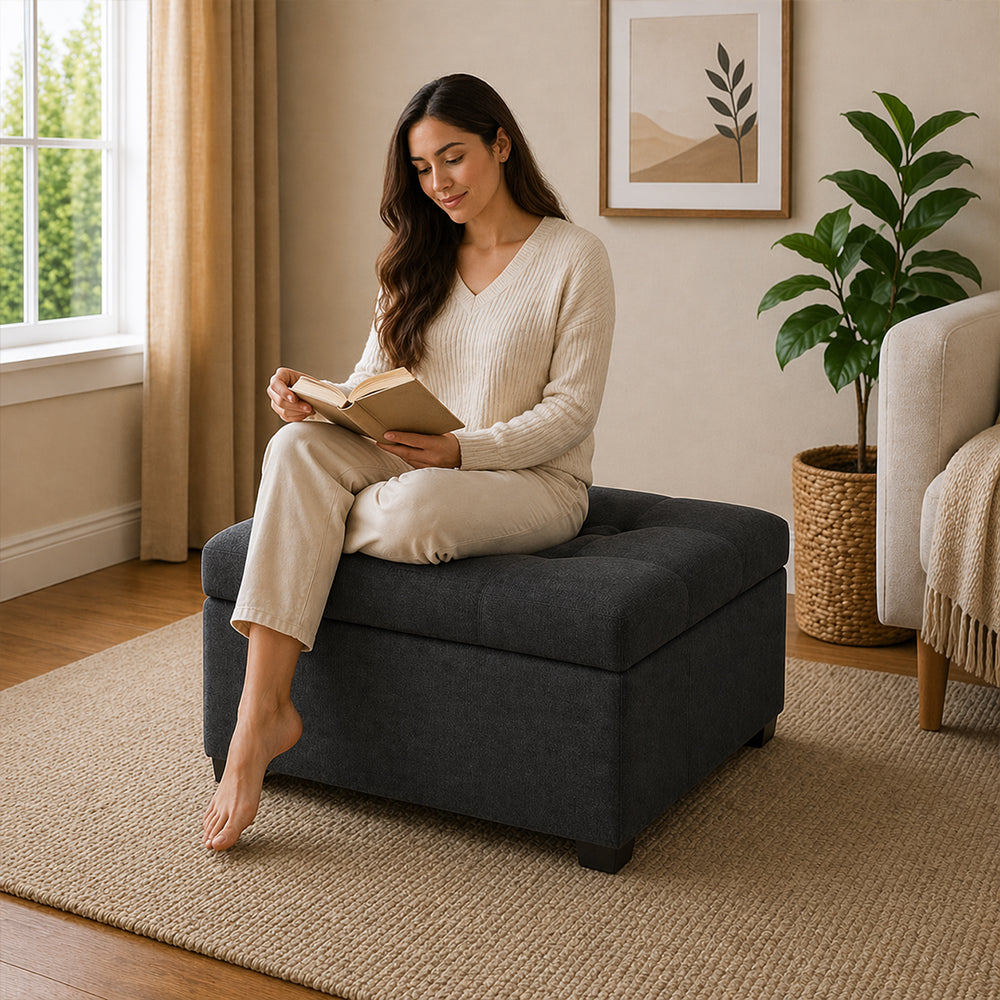 Tufted Storage Square Ottoman Bench Mustard Grey