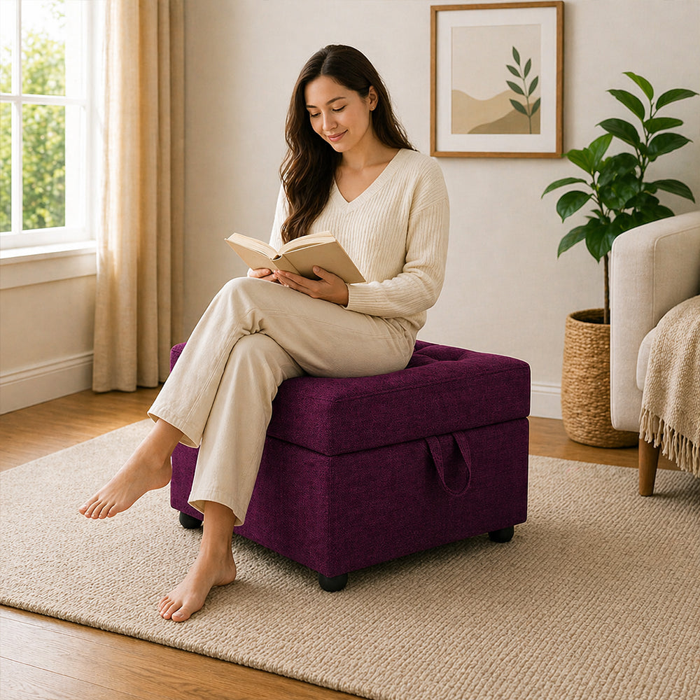 Tufted Storage Square Ottoman Bench Purple