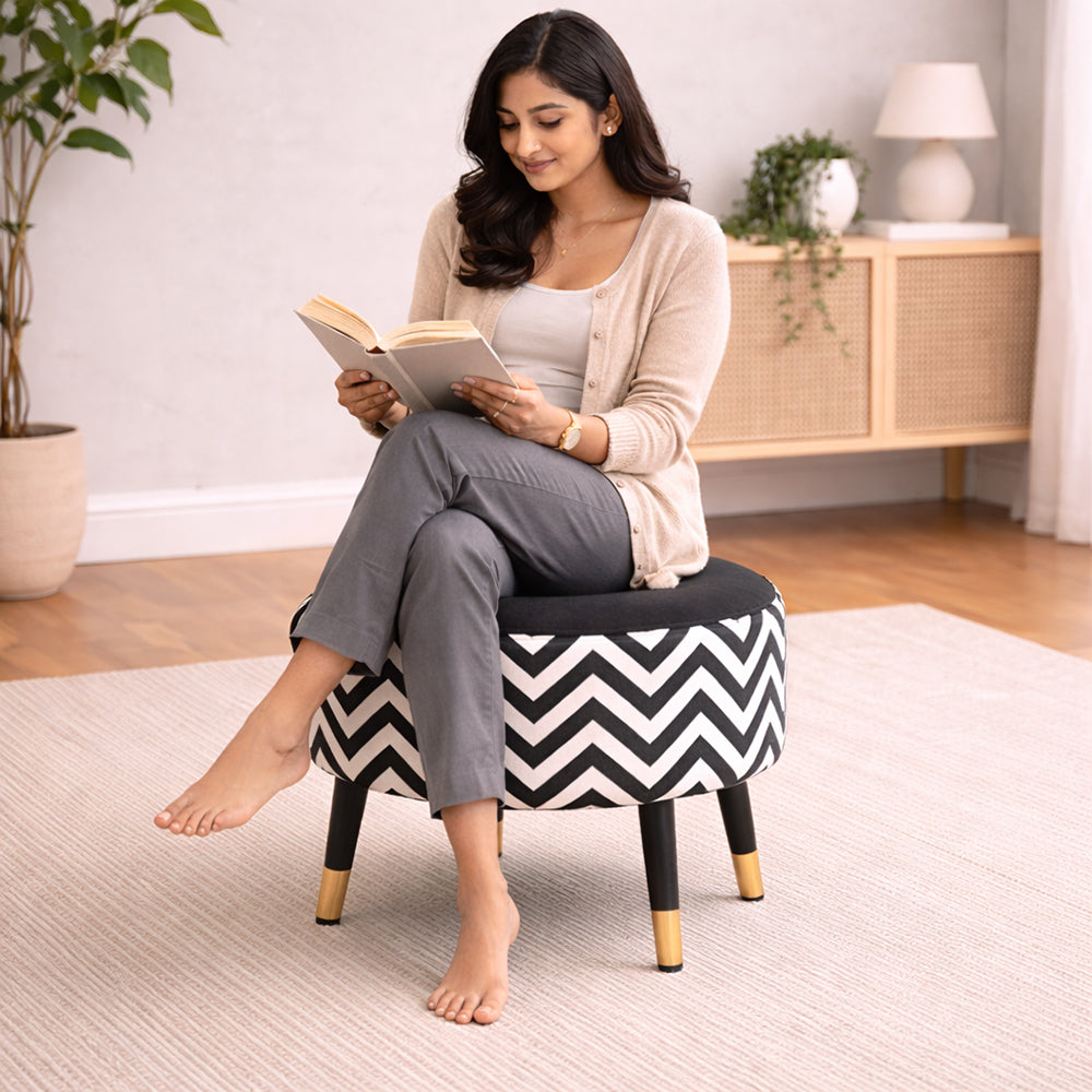 Zig Zag Black White Chevron Ottoman - Gold Tips