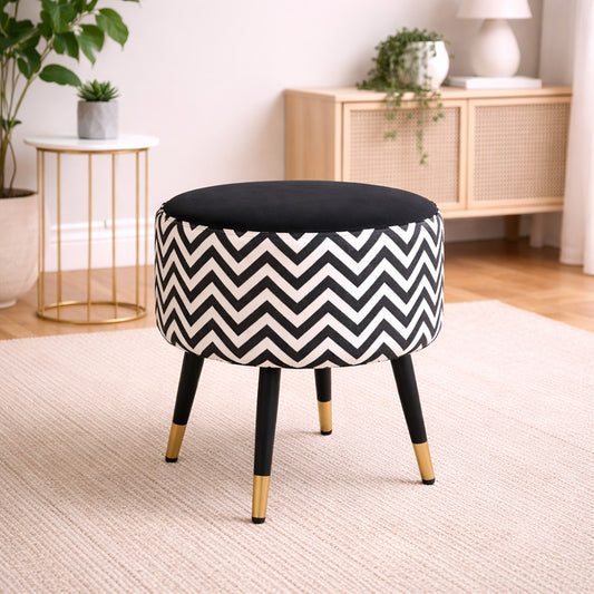 Zig Zag Black White Chevron Ottoman - Gold Tips