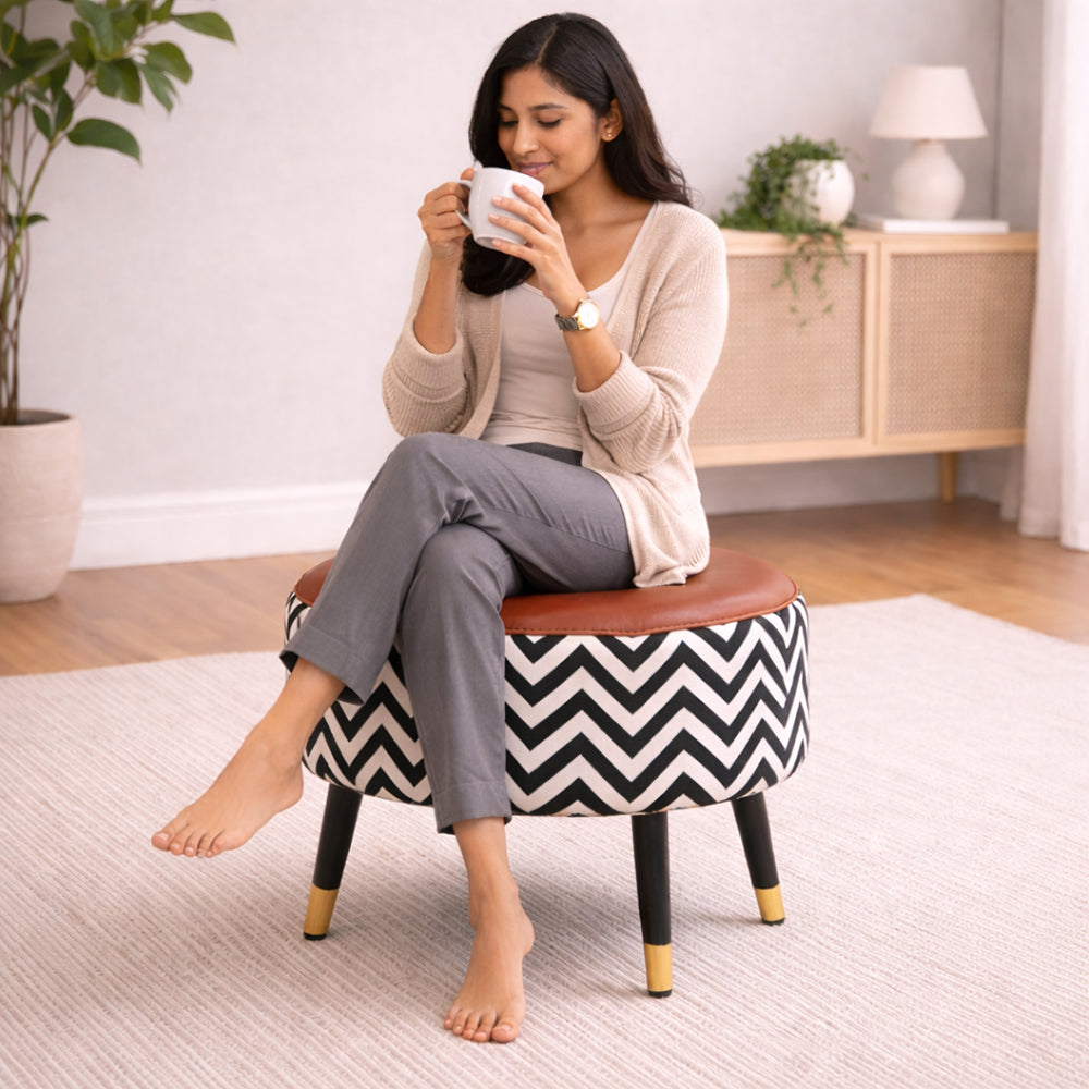 Zig Zag Brown Black Chevron Ottoman - Gold Tips