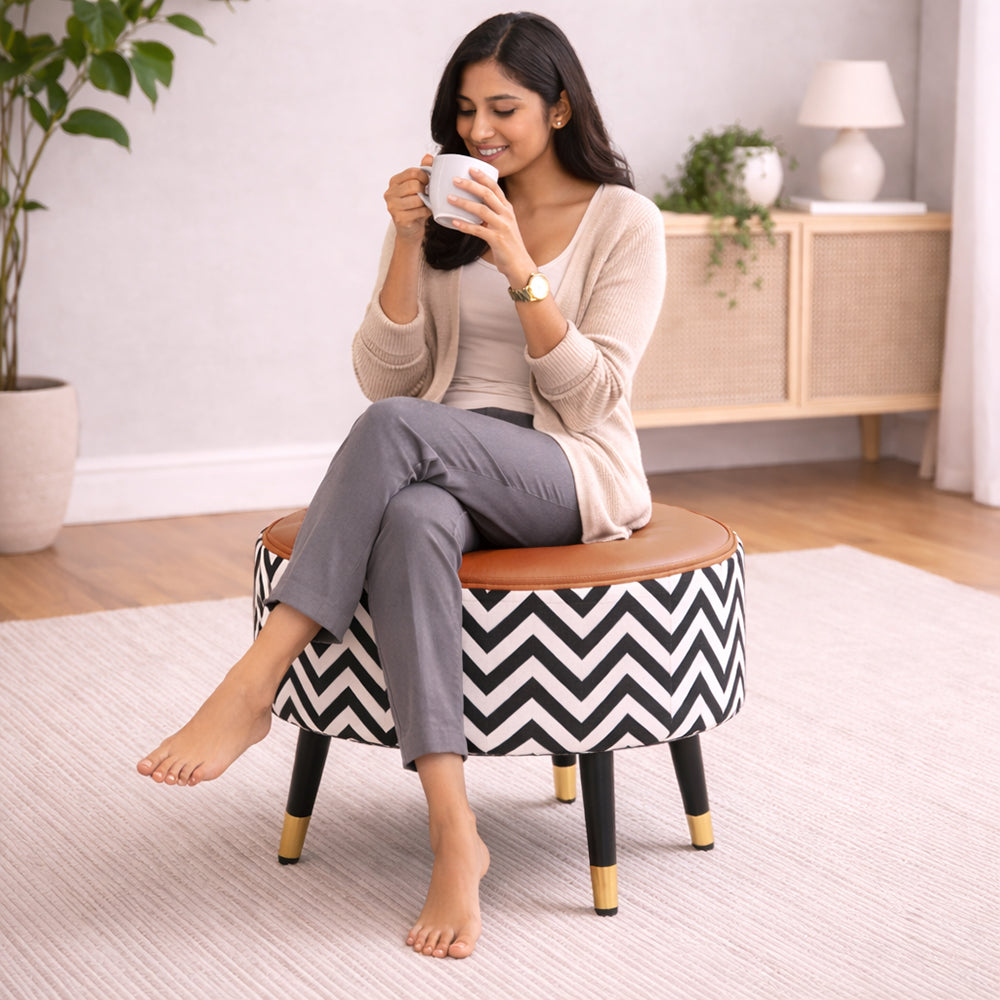 Zig Zag Tan Black Chevron Ottoman - Gold Tips